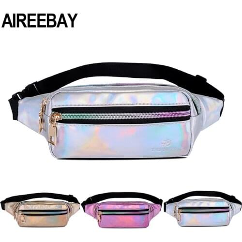 AIREEBAY Fashion Laser Waist Pack for Women Girls Hologram Fanny Packs Casual Money Belts Outdoors Travelling Bags
