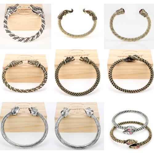 Vintage Dragon Head Mouth Open Cuff Bracelet Nordic Viking Bangle Antique Silver Color Twisted Pattern Carved Wristband Jewelry