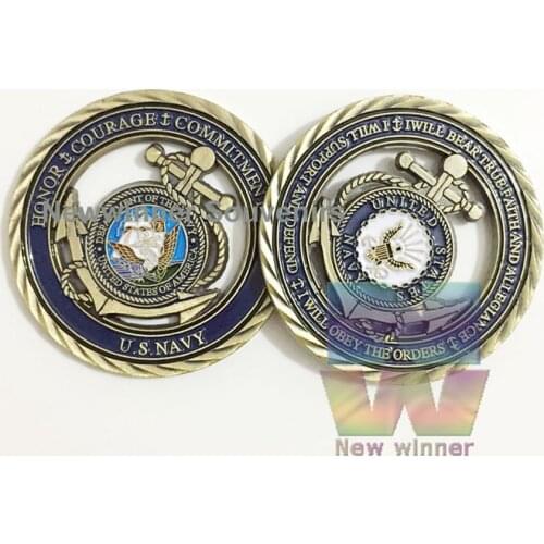 U.S. Navy Emblem Core Values Antique Copper Hollow Coin Medal of Courage Commitment Coins