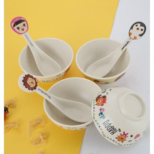 Chinese Style Health Kids Natural Bamboo Fiber Bowls Spoon Cartoon Dishes Baby Feeding Tableware Children Infant Toddler Plates