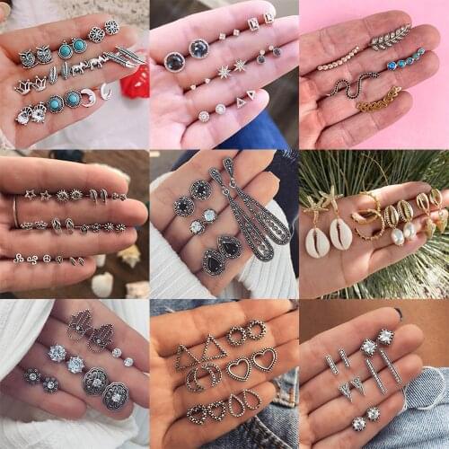 Vintage Geometric Stud Earrings Set For Women Fashion Shell Flower Star Hand Stone Mini Small Earrings Girls 2019 Boho Jewelry