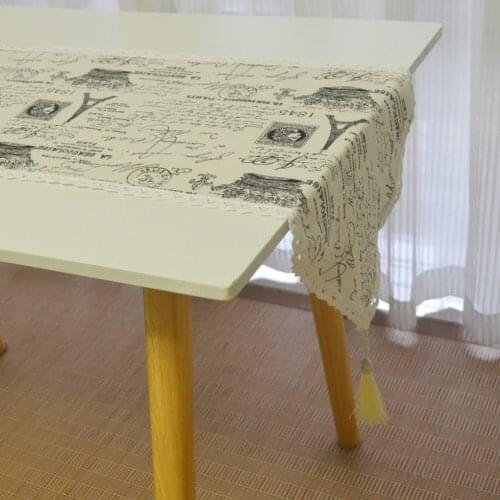 Lace Tassel Table Runner Linen Cotton Printed Iron Tower Home Table Runners Christmas Wedding Party Table Decors Hotel Supplies