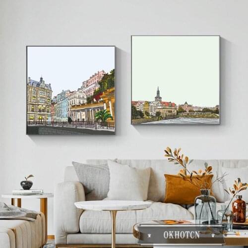 Nordic City Buildings Landscape Pictures Water Oil Painting On Canvas Wall Art Poster for Bedroom Aesthetic Room Decor