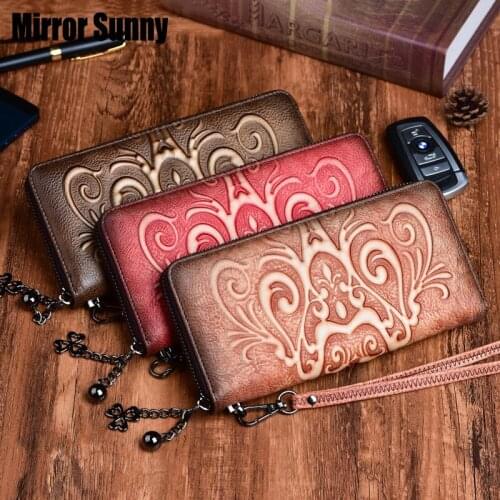 New Top Layer Cowhide Genuine Leather Womens Wallet Personality Retro Hand Brushed Color Embossed Long Zipper Purse Clutch Bag