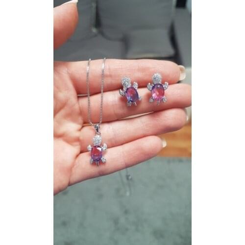 Charm Multicolor Oval Zircon Turtle Earrings Necklaces Rainbow Crystal Stone Jewelry Sets For Women Boho Silver Color Bridal Set