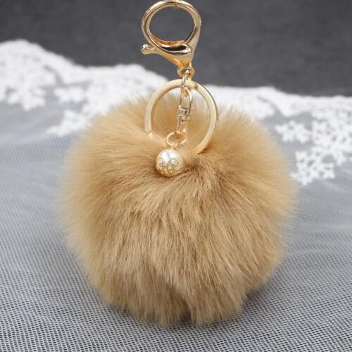 Wholesale 8CM Pom Poms Keychains with Pearl Fluffy Pompoms Keychain Faux Rabbit Fur Pompoms Keyring for Girls Women