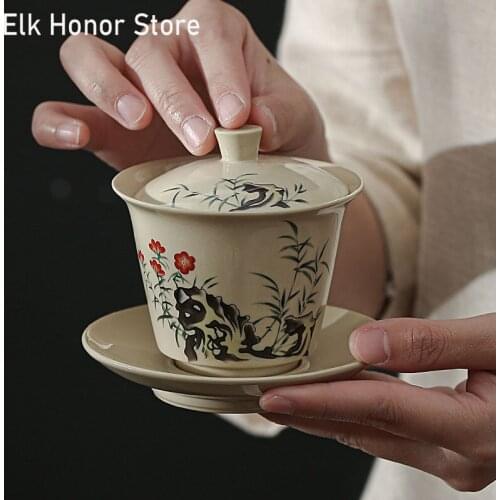Retro Plant Ash Glaze Sancai Gaiwan Single Cups Handmade Bamboo Chrysanthemum Tureen Household Accessories Custom Gifts