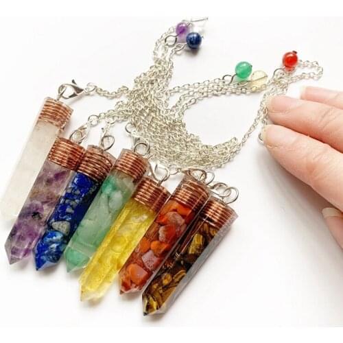 7 Chakra Quartz Stone Beads Orgone Pendant Pendulum Drowsing Hexagonal Column Pendants Natural Chips Stones Healing Point 1pc