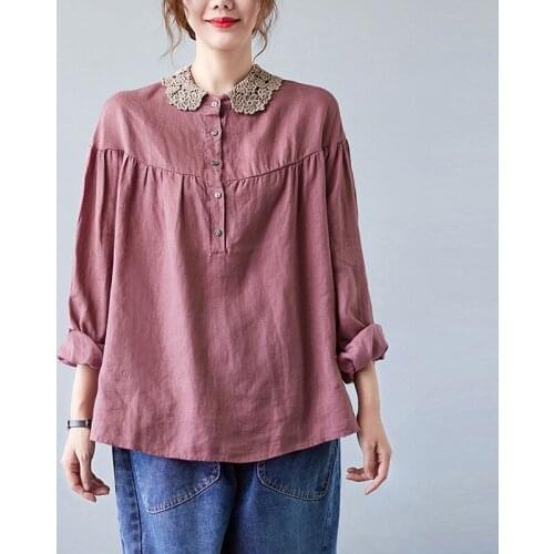 Women Cotton Linen Casual Shirts New 2021 Autumn Vintage Style Solid Color Lace Collar Loose Female Long Sleeve Tops B952