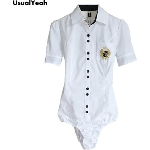UsualYeah Women New Women summer style fashion Button OL short sleeve Embroidery White Body shirt Blouses S M L XL SY0183