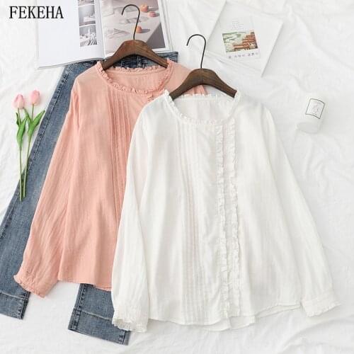 Lace Up Collar Shirts Women White Blouse Long Sleeve Pullover Loose Solid Sweet Lady Tops Pink Female Clothes Autumn News