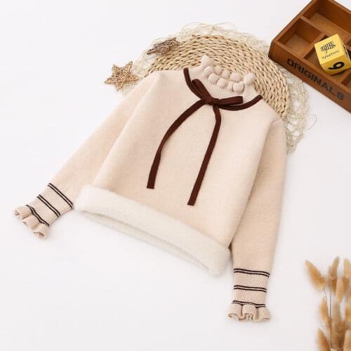 2020 New Winter Baby Girls Solid Bow Sweaters Mandarin Collar Preppy Style Sweaters Teenager for Girls Thicken Warm Clothes Z03