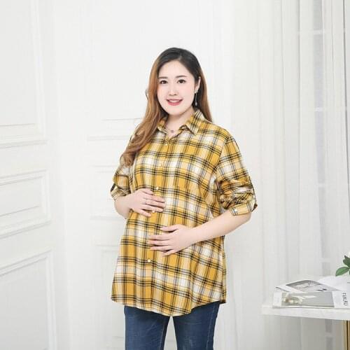 Spring and autumn new maternity dress loose large size lattice pregnant women long-sleeved pregnant fashion casual shirt