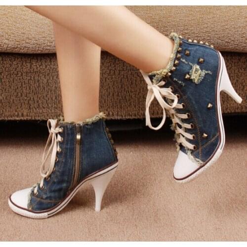 Korean Style Women Summer denim High Heels Lace Up High Top Rivets Side Zipper Fashion Casual Denim Shoes large size 42