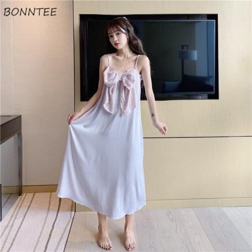 Women Nightgowns Sweet Long Mid-calf Spaghetti Strap Loose Trendy Soft Silk Leisure Homewear Bow Decoration Korean Style Lady