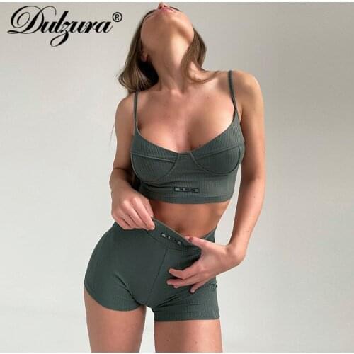 Dulzura Letter Embroidery Women Striped 2 Piece Strap Crop Top Biker Shorts Set Bodycon Sexy Tracksuit 2021 Summer Tracksuit