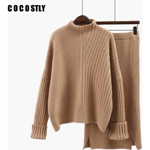 New Autumn 2 Piece Set Women Long Sleeve Loose Soft Knit Sweater + High Waist Skirt Two Pieces Female Casual Knitting Skirts Set
