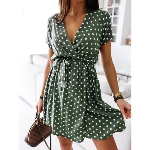 Womens Summer Fashion Mini Dress Short Sleeve V-Neck Ladies Polka Dot Dreeses Split Vestidos For Femela Boho Beach Holiday Dress