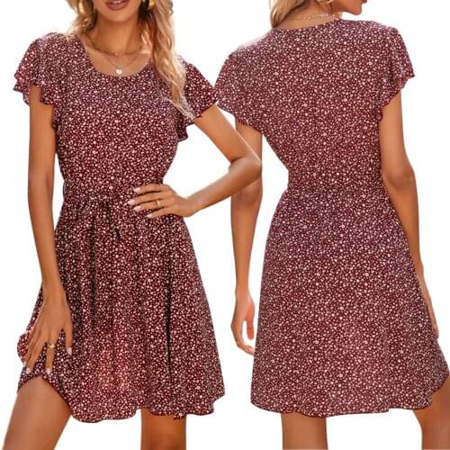 Women Casual Dress, Maroon Floral Printed Pattern Round Collar Short Sleeve One-piece