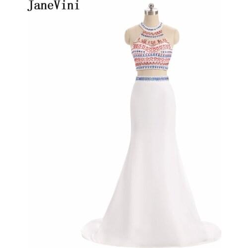 JaneVini 2019 Chic Mermaid Two Pieces Bridesmaid Dresses Halter Sequined Beaded Backless Chiffon Women Elegant Long Prom Gowns