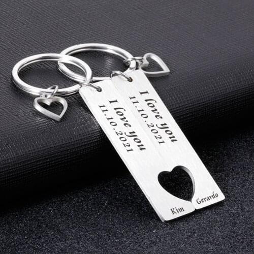2PCS Heart Personalized Keychain Date Name Customized Keychains Accessories for Boyfriend Husband Wedding Anniversary Gift