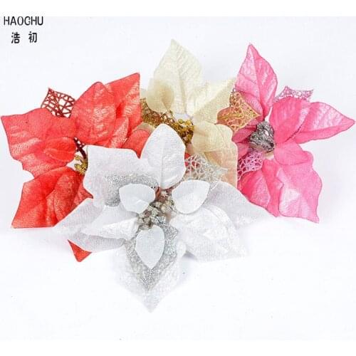 HAOCHU 5Pcs/Lot 22cm Hollow Out Plastic Christmas Flower Artificial Fake Flower For Merry Christmas Tree Party Decorations