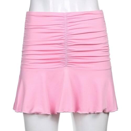 90s Woman Kawaii Mini Skirt Lady Trendy Y2k Summer Beachwear Black Accessory Style Ruched Pleated Skirts High Waist Skirts 2021