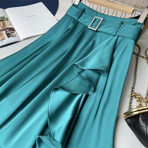 High Waist Ruffle Satin Irregular Midi Skirt Women Elegant Solid Color Vintage Korean Casual A-Line Skirt with Belt Lady Faldas