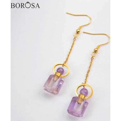 BOROSA 3Pairs Fashion Perfume Bottle Shape Natural Amethysts Drop Earrings Scent-bottle Shape Gems Women Earring as Gifts WX1169
