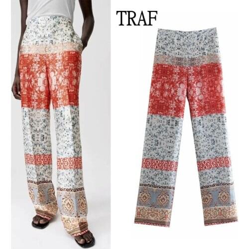 TRAF Za Woman 2021 Summer Y2k Womens Pants High-Waisted Print Trousers Loose Female Elastic Waist Chic Pocket Streetwear Pants