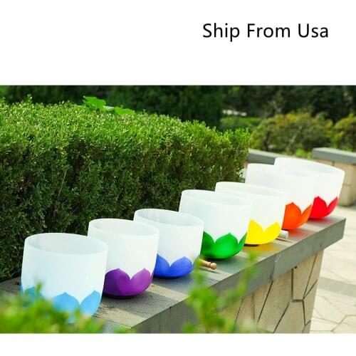 Chakra Lotus set of 7 PCS 7"-12" Note CDEFGAB Frosted Quartz Crystal Singing Bowls 432Hz