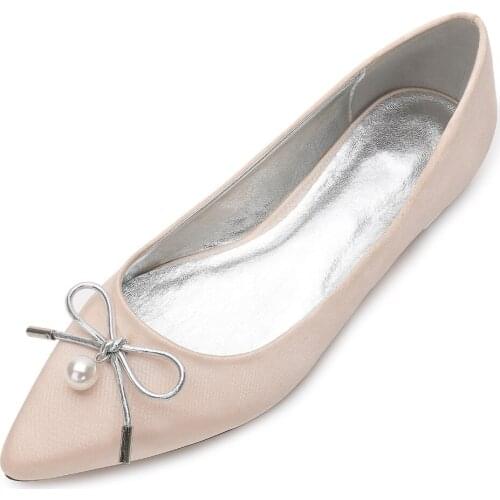 Creativesugar pointed toe lady satin evening dress shoes flats with small bow pearl bridal wedding prom party shoes elegant flat