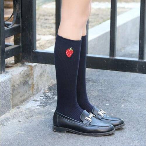 Japanese Style School Girl Calf Length Cotton Socks, Strawberry/Plaid Bow Lolita Long Socks