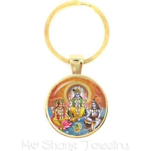 India Keychains God Brahma,Vishnu, Lord Shiva Jewelry Glass Cabochon Pendant Keyring Religion Jewelry Gift For Friends