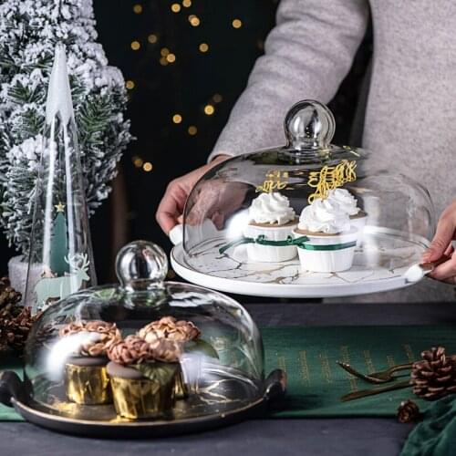 Nordic Style Ceramic Marble Cake Plate Glass Cover Dessert Table Display Stand Tray Home Kitchen Decoration Festive Party