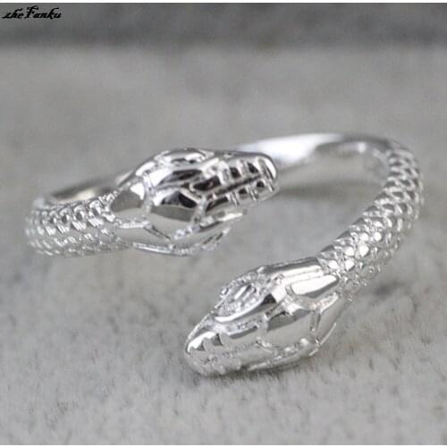 Personality Men Women Rings Silver Color Vintage Creative Double Head Snake Opening Rings For Wedding Bands