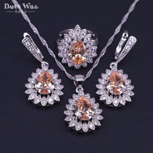 Factory Directly Sales Champagne Zircon Silver Color Costume Jewelry For Women Earrings Ring Necklace Bracelet Set In Store T104