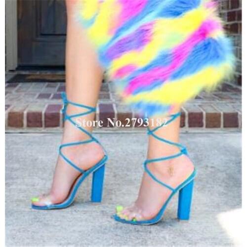 Summer Fashion Women Open Toe One Strap Strap Cross Chunky Heel Gladiator Sandals Lace-up Pink Blue High Heel Sandals Dress Heel