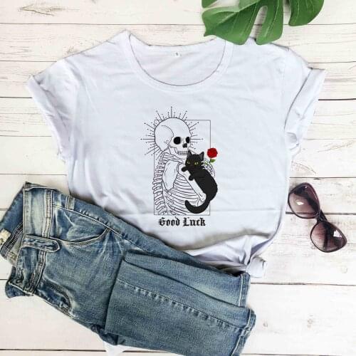 Good Luck Skeleton And Black Cat With Rose T-Shirt unisex gothic women fashion unisex pure cotton grunge tumblr tees vitnage top