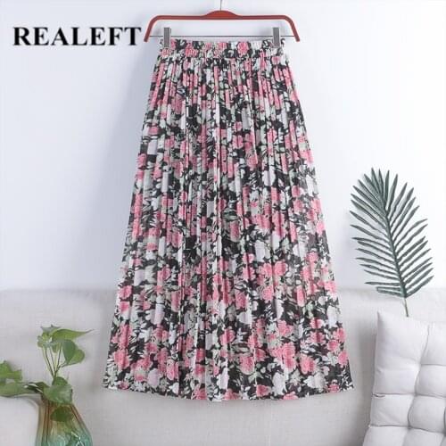 REALEFT Summer New 2021 Vintage Floral Print Pleated Womens Long Skirt Chiffon High Waist Loose Female Umbrella A-Line Skirts