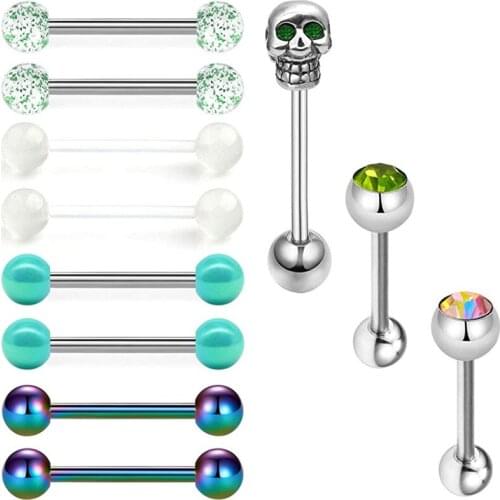 Tongue Rings Piercing Stainless Steel CZ Inlaid Top Skull Head Top Tongue Nipple Rings Body Piercing Jewelry for Women Men 11pcs