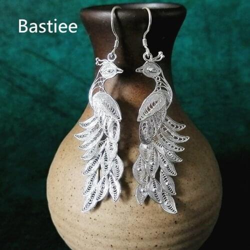 Bastiee 999 Sterling Silver Peacock Earrings Bohemian Drop Dangle Earings Ethnic Handmade Luxury Fine Jewelry Boho New Arrival