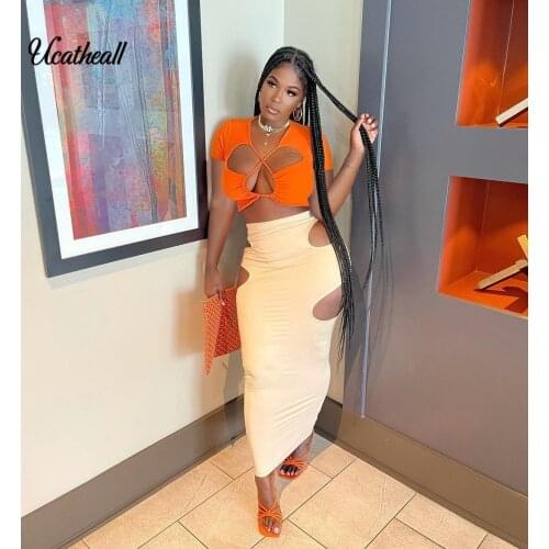 Sexy Drawstring Skirt Two Piece Set Women Summer Set Hollow Out Crop-Top And Cut Out Skirt Suit Cross Lace Up 2021 New
