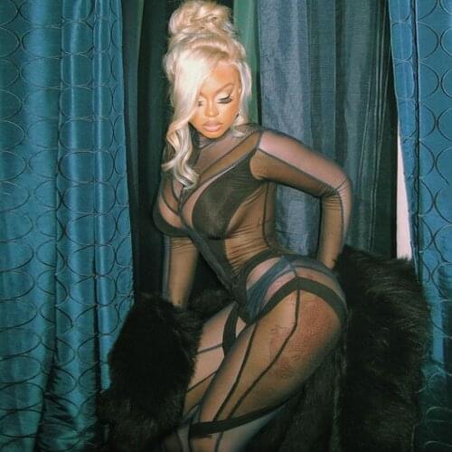 2021 Mesh Patchwork Jumpsuit Women Mock Neck Full Sleeve Geometric One Piece Playsuit Sexy Midnight Overall Party Streetwear