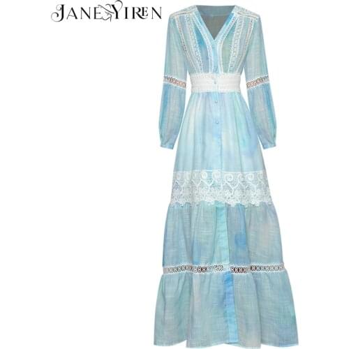 Janeyiren 2021 Fashion Runway Summer Women V-neck Lantern sleeve Hollow out Single-breasted Print Long Holiday Party Gown Dress