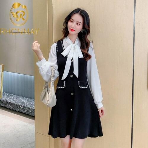 Small Fragrant Knitted Dress Women Spring Autumn Patchwork Bow Collar Chiffon Long Sleeve A-line Dresses Robe Femme Fake 2 Piece