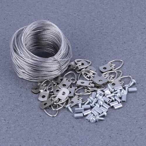 1Set Wire Rope and Photo Frame Hanging Hooks Kit Picture Hangers Picture Hanging Wire Set(20m Wire Rope +20 Sets of Rings)