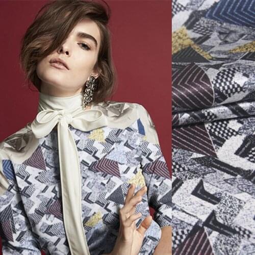 105CM Wide 20MM Geometry Print Gray Black Strech Silk Satin Fabric for Womens Blouse Dress Clothing Cheongsam Shirt C009