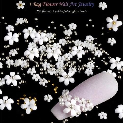 200pcs Acrylic Flower Nail Art Decoration Mixed Size White Rhinestones Silver Gem Manicure Tool Accessories For Diy Nail Design