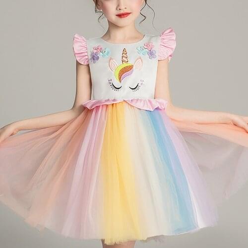Girls‘ Dress Costumes Wedding Party Clothes Unicorn Princess Summer Petal Sleeve Dress Childrens Multi Sweet Dress